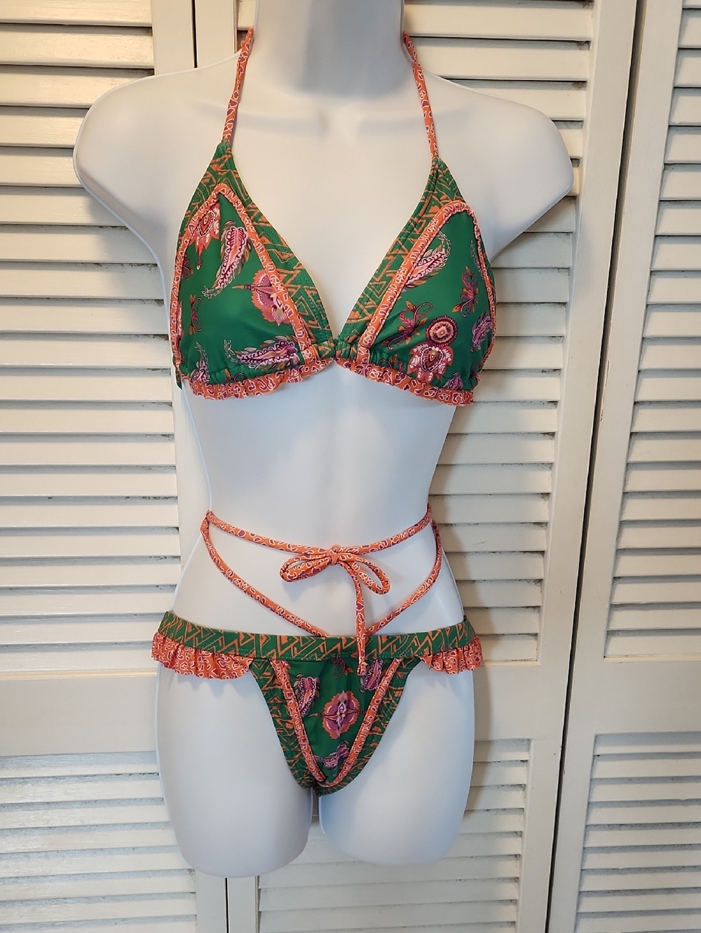 Green & Coral Paisley Triangle Bikini